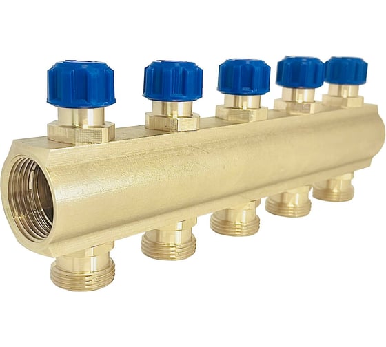 Изображение товара Коллектор латунный АПОГЕЙ КЛА 2505.050-4-ВКМ(С) DN25 ВР1 м/о 50 мм НР3/4ЕК с вентилями коллекторными с синим маховиком на 5 выходов 410429