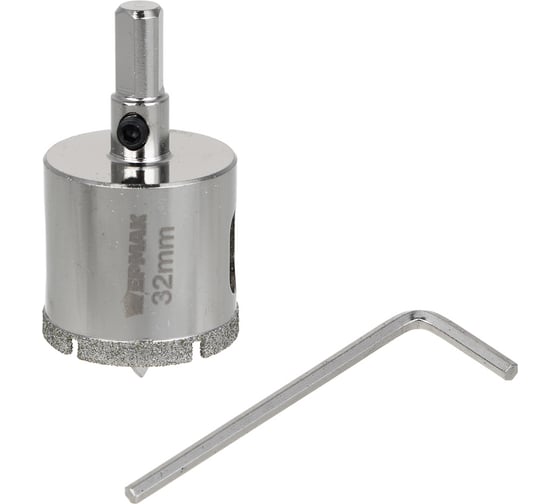 Изображение товара Коронка алмазная с центрирующим сверлом ЕРМАК 32 мм по керамике и стеклу, Р45, трехгр хвостовик 602-010