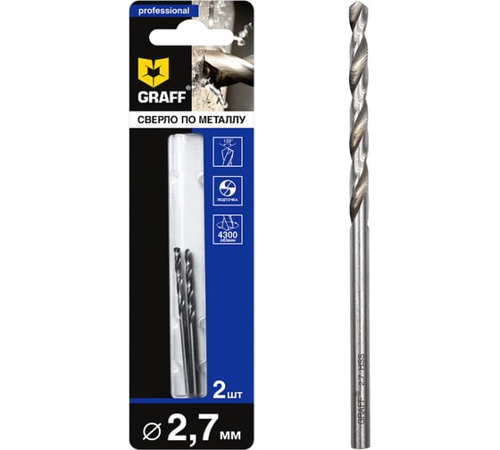 Изображение товара Сверло по металлу GRAFF 2.7 мм, 2 шт. в блистере 722761