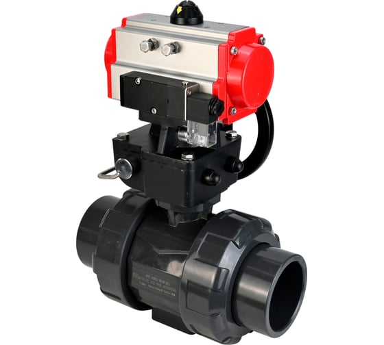 Изображение товара Кран шаровой НПВХ-НПВХ-E-FP-GRM-ISO Ду40 Ру10 DN.ru с пневмоприводом, пневмораспределителем, ручным дублером D160-67095