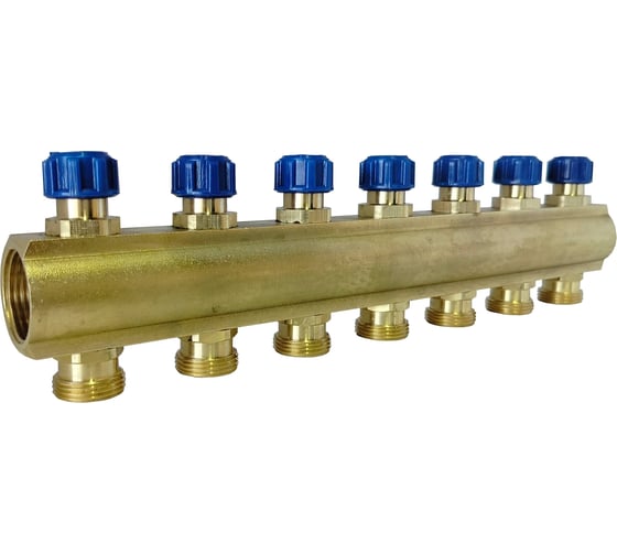 Изображение товара Коллектор латунный АПОГЕЙ КЛА 2507.050-4-ВКМ(С) DN25 ВР1 м/о 50 мм НР3/4ЕК с вентилями коллекторными с синим маховиком на 7 выходов 410431