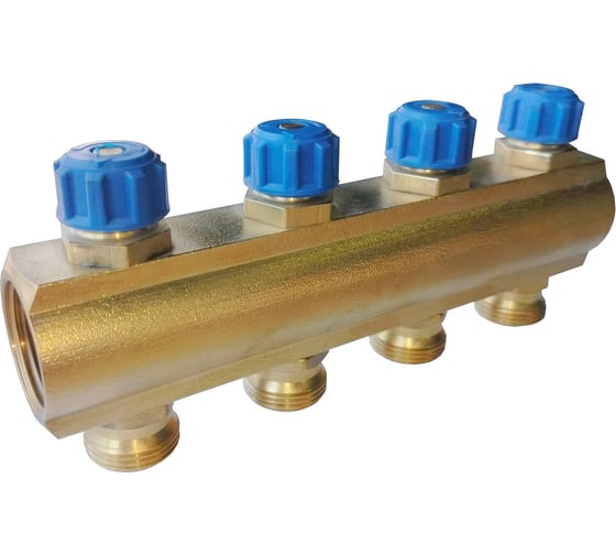 Изображение товара Коллектор латунный АПОГЕЙ КЛА 2504.050-4-ВКМ(С) DN25 ВР1 м/о 50 мм НР3/4ЕК с вентилями коллекторными с синим маховиком на 4 выхода 410428