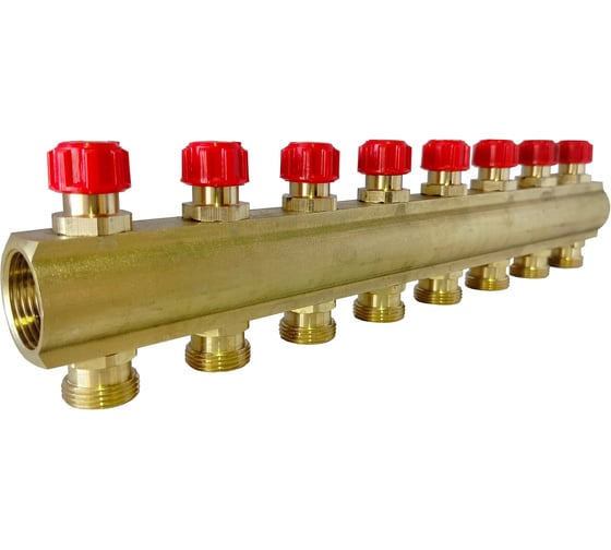 Изображение товара Коллектор латунный АПОГЕЙ КЛА 2508.050-4-ВКМ(К) DN25 ВР1 м/о 50 мм НР3/4ЕК с вентилями коллекторными с красным маховиком на 8 выходов 410420