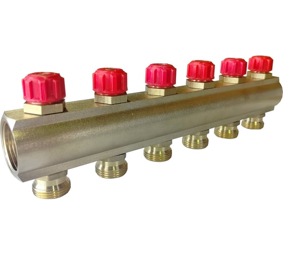Изображение товара Коллектор латунный АПОГЕЙ КЛА 2506.050-4-ВКМ(К) DN25 ВР1 м/о 50 мм НР3/4ЕК с вентилями коллекторными с красным маховиком на 6 выходов 410418