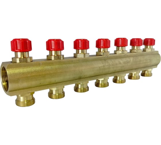 Изображение товара Коллектор латунный АПОГЕЙ КЛА 2507.050-4-ВКМ(К) DN25 ВР1 м/о 50 мм НР3/4ЕК с вентилями коллекторными с красным маховиком на 7 выходов 410419