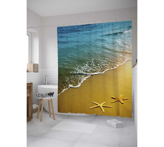 Изображение товара Штора (занавеска) для ванной JoyArty "Звезды на песке" из сатена, 180х200 см с крючками, sc_32200