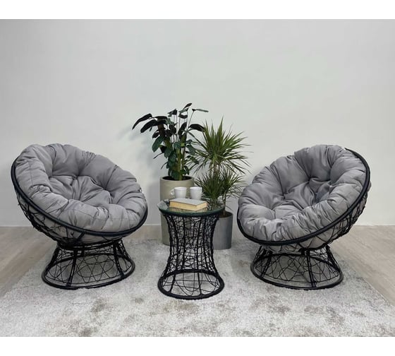 Изображение товара Комплект Лаура “Папасан Плюс” 2 кресла + столик со стеклом (черный) + 2 подушки ( светло-серый ) PAPSpl_kmpt_106