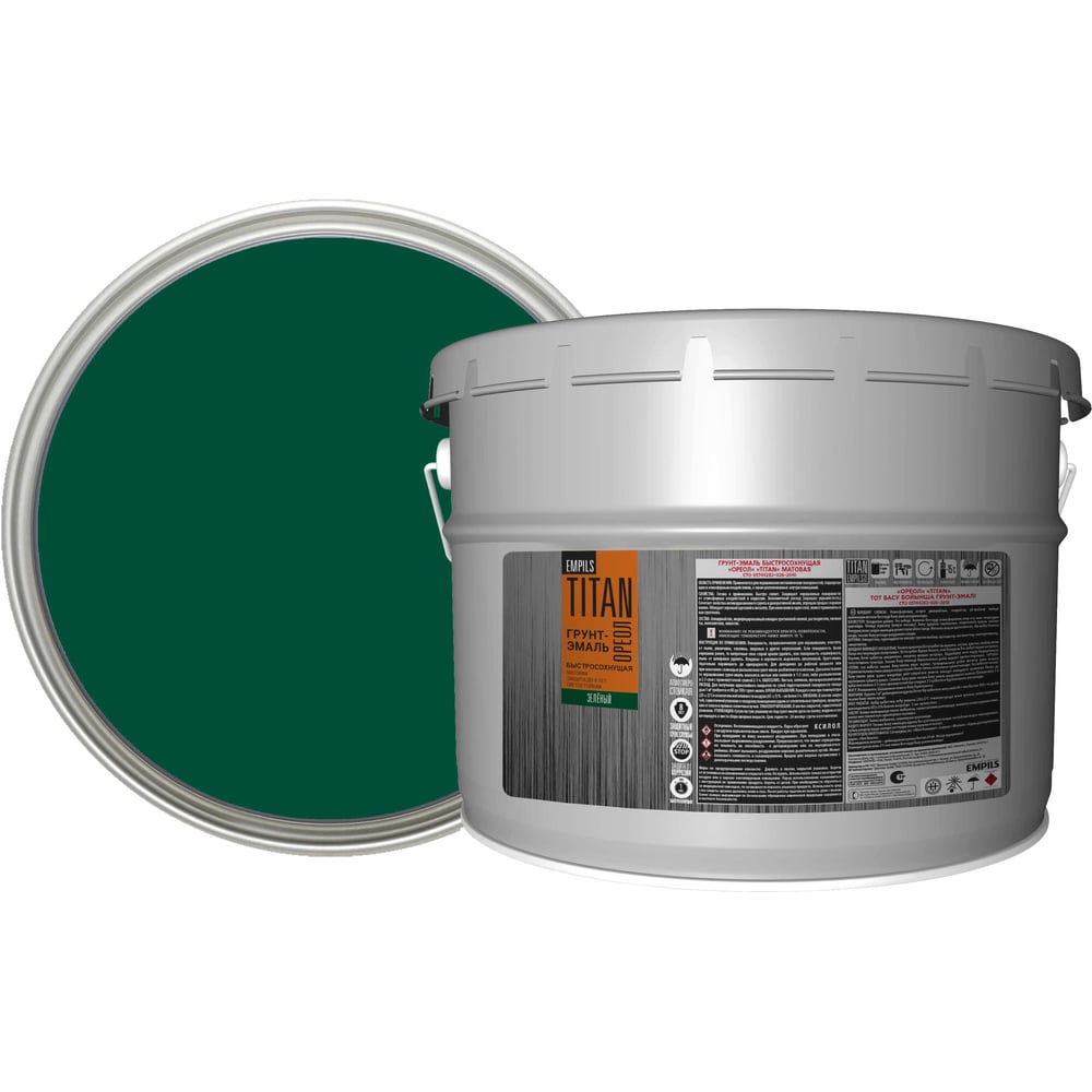 Изображение товара Грунт-эмаль быстросохнущая ОРЕОЛ TITAN матовая зеленая RAL 6005 8 л