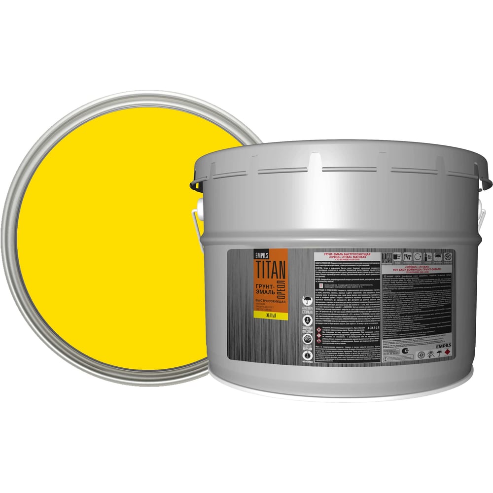 Изображение товара Грунт-эмаль быстросохнущая ОРЕОЛ TITAN матовая желтая RAL 1023 8 л
