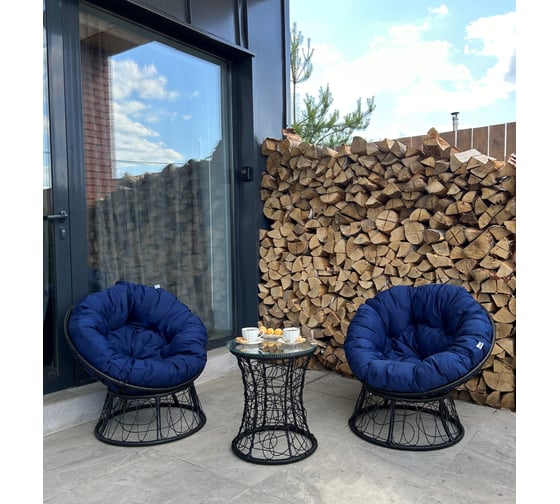 Изображение товара Набор садовый Лаура ПАПАСАН 2 кресла и столик со стеклом (черный) + 2 подушки (синий) PAPS_kmtch_109