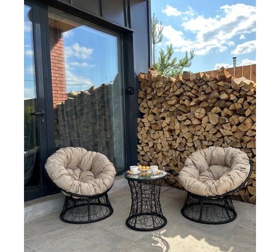 Изображение товара Набор садовый Лаура ПАПАСАН 2 кресла и столик со стеклом (черный) + 2 подушки (бежевый) PAPS_kmtch_101