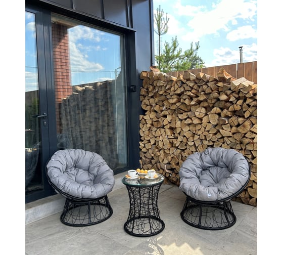 Изображение товара Набор садовый Лаура ПАПАСАН 2 кресла и столик со стеклом (черный) + 2 подушки (светло-серый) PAPS_kmtch_110