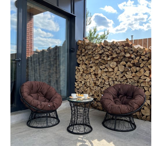 Изображение товара Набор садовый Лаура ПАПАСАН 2 кресла и столик со стеклом (черный) + 2 подушки (шоколад) PAPS_kmtch_102