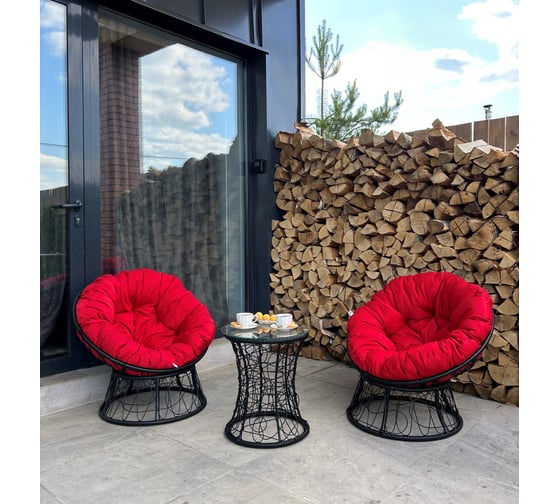 Изображение товара Набор садовый Лаура ПАПАСАН 2 кресла и столик со стеклом (черный) + 2 подушки (красный) PAPS_kmtch_106