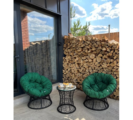 Изображение товара Набор садовый Лаура ПАПАСАН 2 кресла и столик со стеклом (черный) + 2 подушки (зеленый) PAPS_kmtch_103