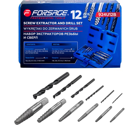 Изображение товара Экстракторы для извлечения заломанных болтов/гаек Forsage в комплекте со сверлами, набор 12 предметов F-924U12B(65730)