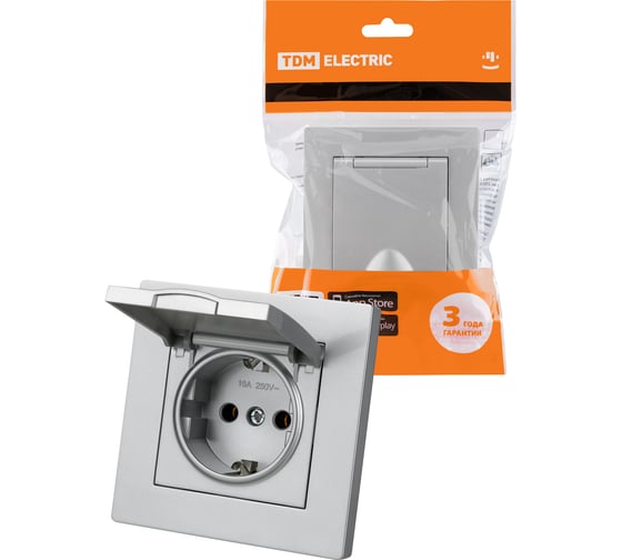 Изображение товара Розетка TDM ELECTRIC 2П+З 16А 250В IP44 с крышкой серебр. металлик "Сенеж" SQ1816-0238