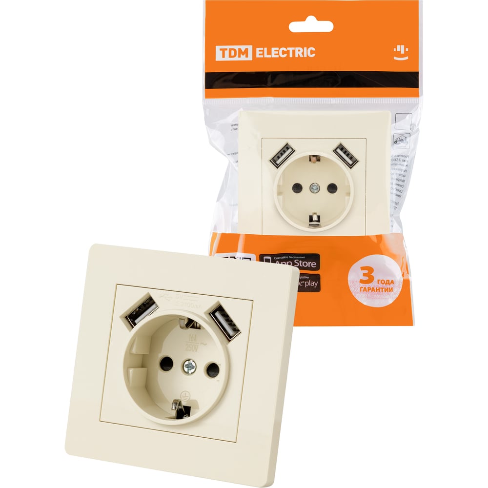 Изображение товара Розетка электрическая с USB TDM ELECTRIC 2П+З 16А 250В слоновая кость