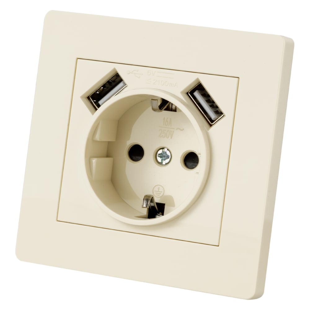 Изображение товара Розетка электрическая с USB TDM ELECTRIC 2П+З 16А 250В слоновая кость