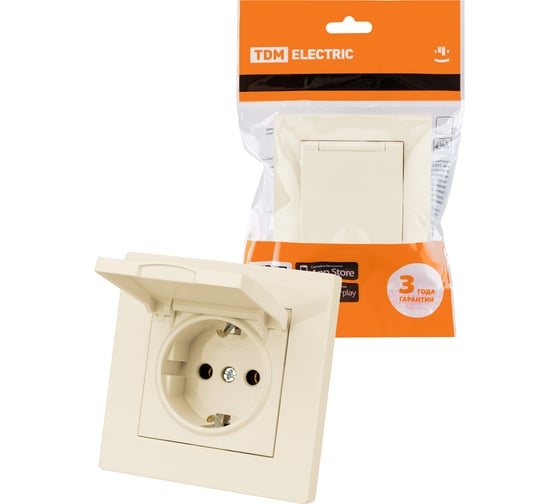 Изображение товара Розетка TDM ELECTRIC 2П+З 16А 250В IP44 с крышкой сл. кость "Сенеж" SQ1816-0138