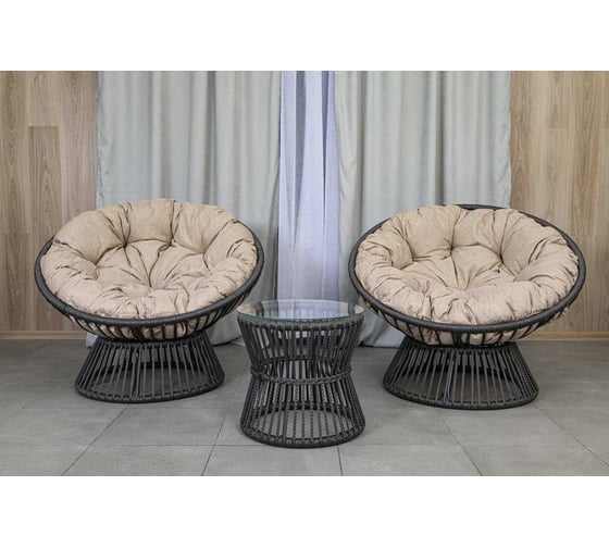 Изображение товара Набор Лаура ПАПАСАН ПЛЮС OSTIN шнур темно-серый 2 кресла, столик, 2 подушки (бежевый, рогожка) OSTkmt_temser_1rog