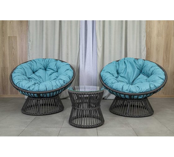 Изображение товара Набор Лаура ПАПАСАН ПЛЮС OSTIN шнур темно-серый 2 кресла, столик, 2 подушки (голубой, рогожка) OSTkmt_temser_3rog