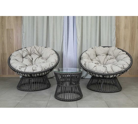 Изображение товара Набор Лаура ПАПАСАН ПЛЮС OSTIN шнур темно-серый 2 кресла, столик, 2 подушки (серый, рогожка) OSTkmt_temser_2rog