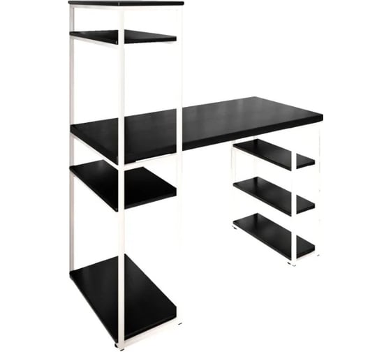 Изображение товара Стол стеллаж Solarius Loft письменный, компьютерный с полками и открытой тумбой, 140x60 см, цвет черного оникса с белым каркасом stol-stellaz-onix-14060-white