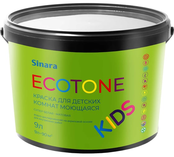Изображение товара Краска моющаяся для детских комнат Sinara ECOTON KIDS Супер белая, матовая, водно-дисперсионная на акриловой основе, База А, 9л SP 118