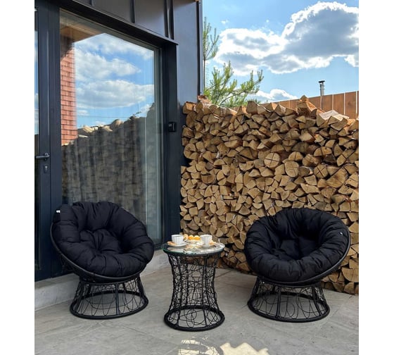 Изображение товара Набор садовый Лаура ПАПАСАН 2 кресла, столик со стеклом (черный) + 2 подушки (черный) PAPS_kmtch_105