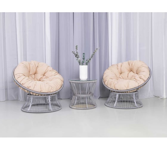 Изображение товара Набор садовый Лаура ПАПАСАН ROPE шнур светло-серый 2 кресла, столик, 2 подушки (бежевый, букле) rope-kmt-102Б