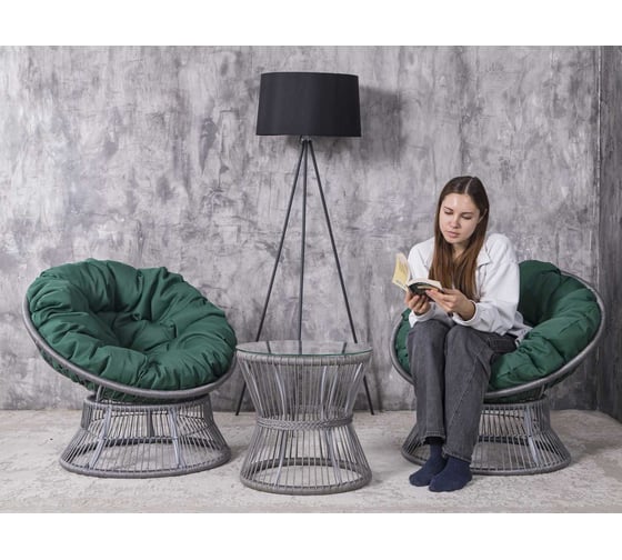 Изображение товара Набор садовый Лаура ПАПАСАН ROPE шнур светло-серый 2 кресла, столик, 2 подушки (зеленый, полиэстер) rope-kmt-104