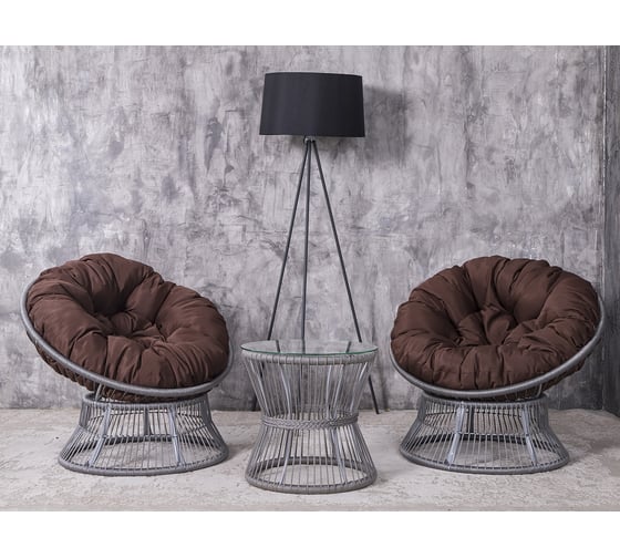 Изображение товара Набор садовый Лаура ПАПАСАН ROPE шнур светло-серый 2 кресла, столик, 2 подушки (коричневый, полиэстер) rope-kmt-105