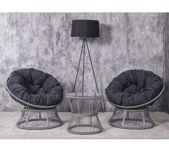 Изображение товара Набор садовый Лаура ПАПАСАН ROPE шнур светло-серый 2 кресла, столик, 2 подушки (черный, полиэстер) rope-kmt-110