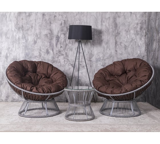 Изображение товара Набор садовый Лаура ПАПАСАН ПЛЮС ROPE шнур светло-серый 2 кресла, столик, 2 подушки (коричневый, полиэстер) ropePl-kmt-105