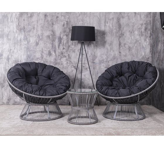 Изображение товара Набор садовый Лаура ПАПАСАН ПЛЮС ROPE шнур светло-серый 2 кресла, столик, 2 подушки (черный, полиэстер) ropePl-kmt-110