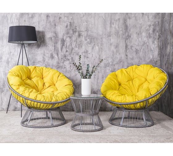 Изображение товара Набор садовый Лаура ПАПАСАН ПЛЮС ROPE шнур светло-серый 2 кресла, столик, 2 подушки (желтый, полиэстер) ropePl-kmt-103
