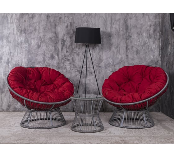 Изображение товара Набор садовый Лаура ПАПАСАН ПЛЮС ROPE шнур светло- серый 2 кресла, столик, 2 подушки (красный, полиэстер) ropePl-kmt-106