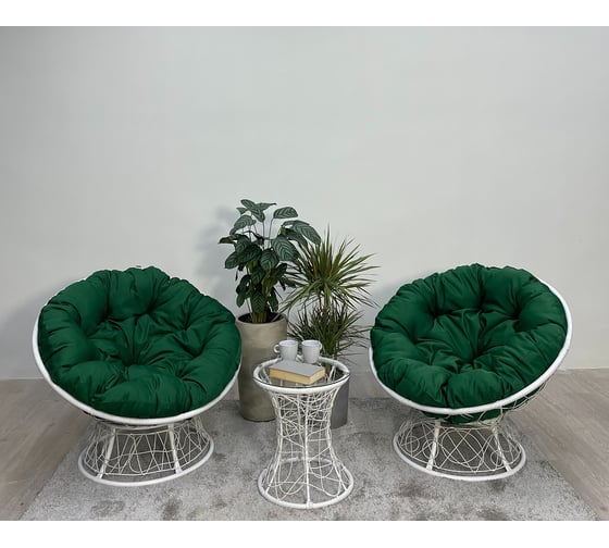 Изображение товара Набор садовый Лаура ПАПАСАН ПЛЮС белый 2 кресла, столик, 2 подушки (зеленый, полиэстер) PAPSpl_kmpt_203