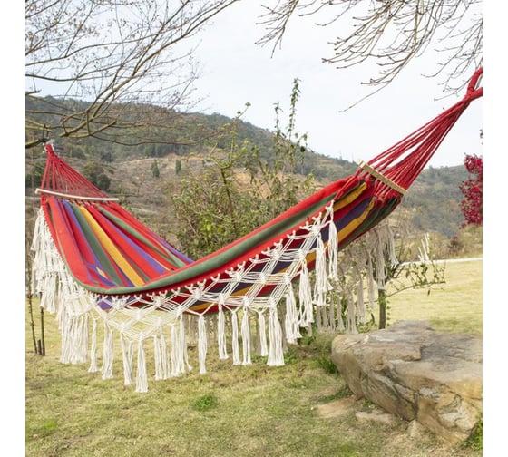 Изображение товара Гамак для дачи MoyDvor 260x150 туристический подвесной садовый двухместный. С бахромой SAC0AP030