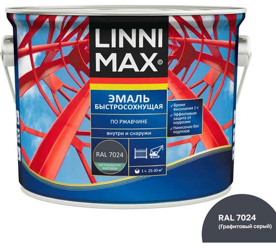 Изображение товара Эмаль быстросохнущая по ржавчине LINNIMAX шелковисто-матовая, RAL7024 948107127