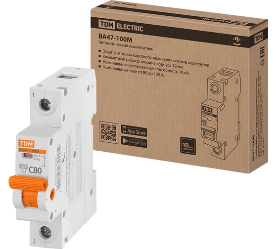Изображение товара Автоматический выключатель TDM ELECTRIC ВА47-100М 1Р 80А 10кА х-ка C SQ0207-0100