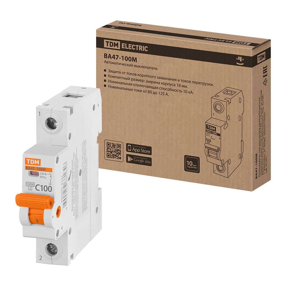 Изображение товара Автоматический выключатель ВА47-100М 1Р 100А IP20 для защиты цепей 230 В