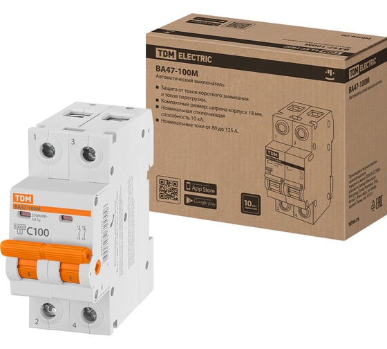 Изображение товара Автоматический выключатель TDM ELECTRIC ВА47-100М 2Р 100А 10кА х-ка C SQ0207-0104