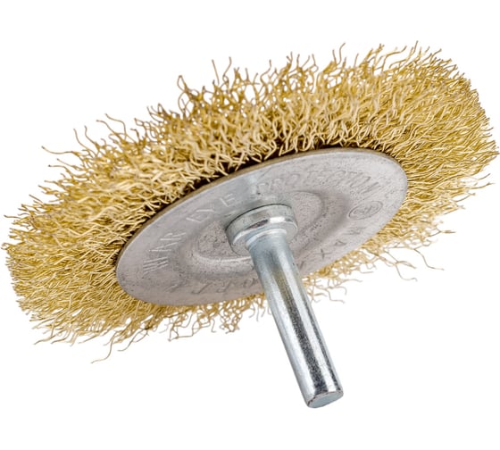 Изображение товара Щётка-крацовка латунированная для дрели (75 мм; ц/х; мягкая; плоская/шпилька) Orientcraft CIRS07530015