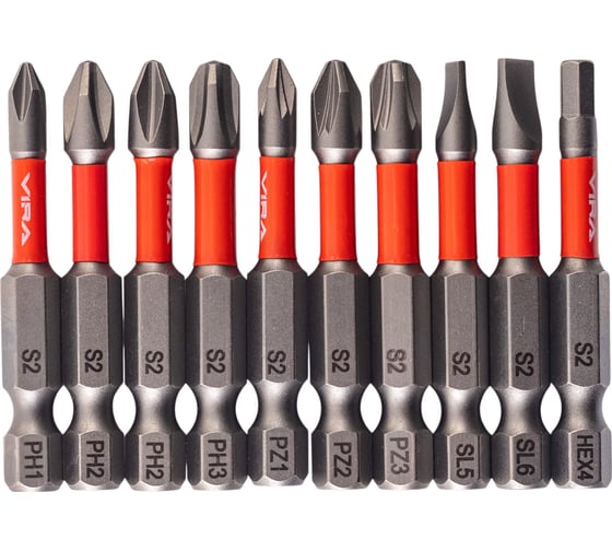 Изображение товара Набор бит для шуруповерта магнитные торсионные VIRA S2 PH1 PH2 PH3 PZ1 PZ2 PZ3 SL5 SL6 HEX4 длина 50 мм 10 шт 554184