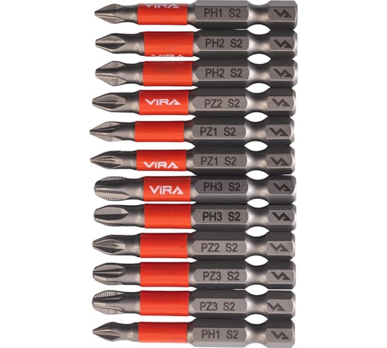 Изображение товара Набор бит торсионных VIRA S2 PH1 PH2 PH3 PZ1 PZ2 PZ3 длина 50 мм 12 шт 554187