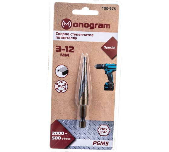Изображение товара Сверло ступенчатое спиральное по металлу Special (3-12 мм; 10 ступеней; Р6М5) Monogram 100-975
