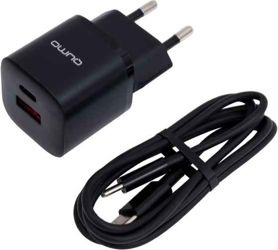 Изображение товара Сетевое зарядное устройство QUMO Energy PD 20Вт (модель 0109), Type-C PD + USB-A QC3.0,+ кабель 1м. Type-C на Type-C, черный 52743