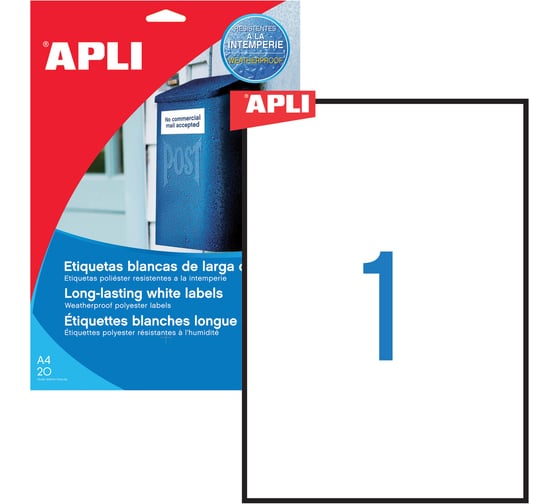 Изображение товара Этикетка самоклеящаяся ОФИСМАГ всепогодня, 210x297мм, 1 этикетка, полиэстер, белая, 20л., APLI, 01228 124333